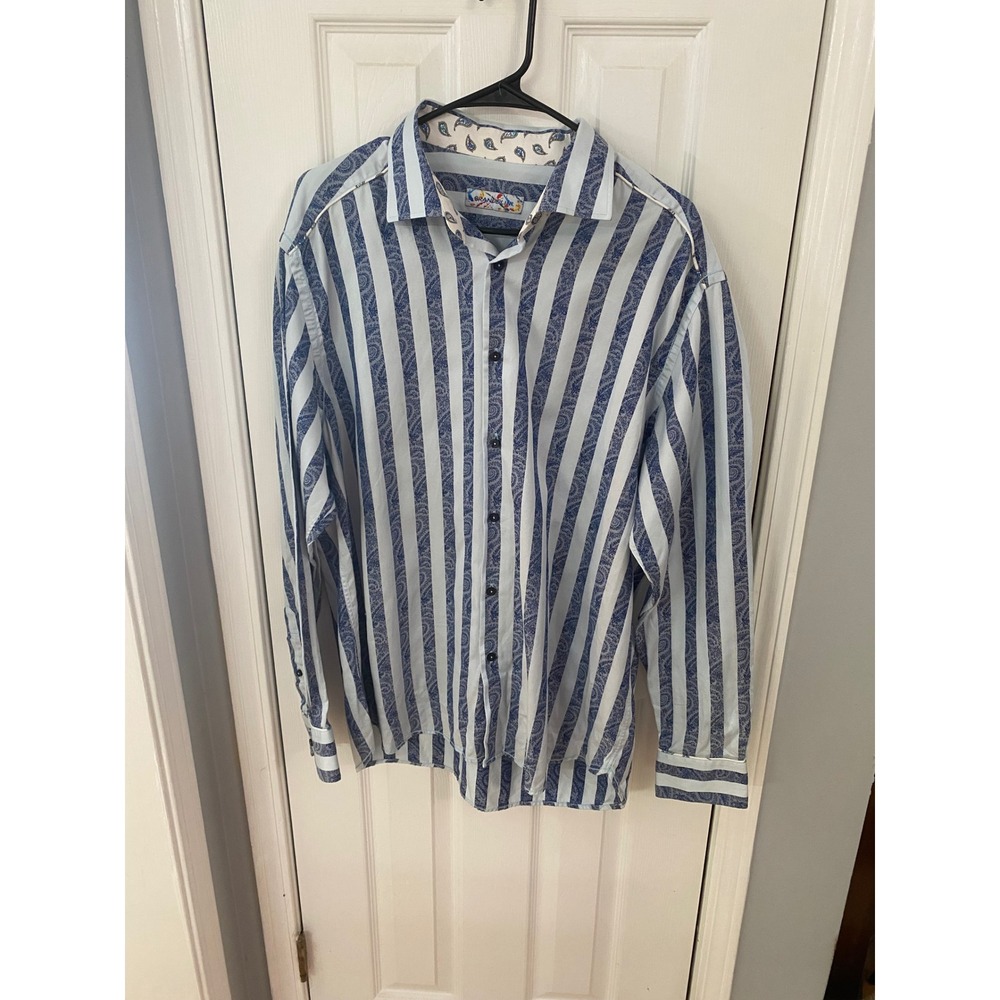 Brandolini Button Down Shirt Men XL Blue White Striped Paisley Long Sleeve